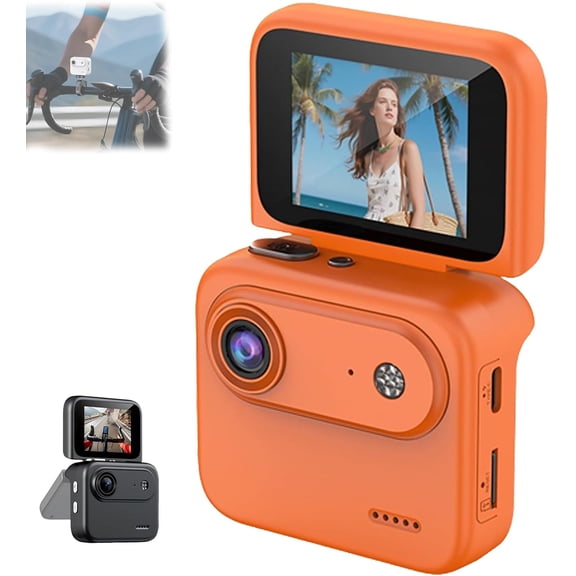Multi-Functional Flip Screen Action Camera, Action Cam 4K 360°with 143°Wide-Angle Lens, Compact Anti-Shake Sports Camera with 64GB Card for Cycling, Skydiving, POV Adventures & Vlogging (Orange)