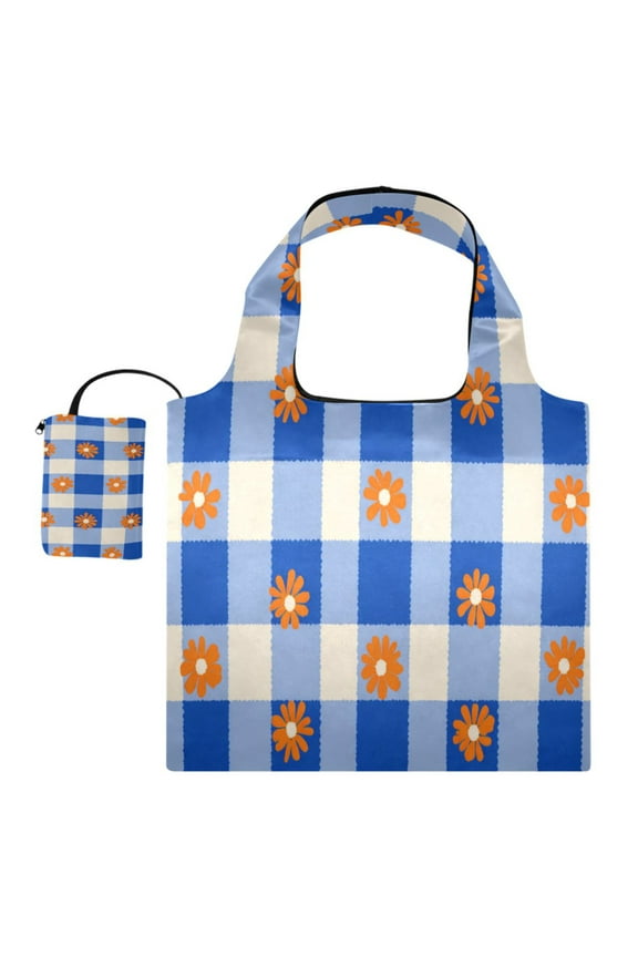 Multi-Functional Foldable Shoulder Handbag | Lightweight And Convenient Ready To Store Fashionable And Durable Suitable For Daily Commuting And Traveling Orange Flowers on Checkered Pattern