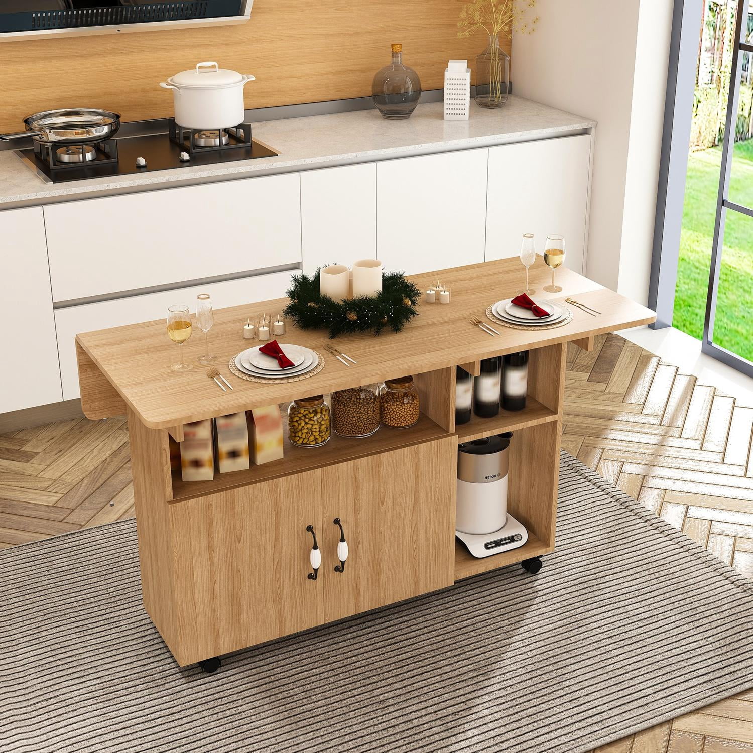 Multi-Functional Folding Table with Storage Shelves and Wheels, 47 Inch Foldable Dining Table for Small Spaces, Compact Desk for Kitchen, Dorm, Office, Ancient Oak