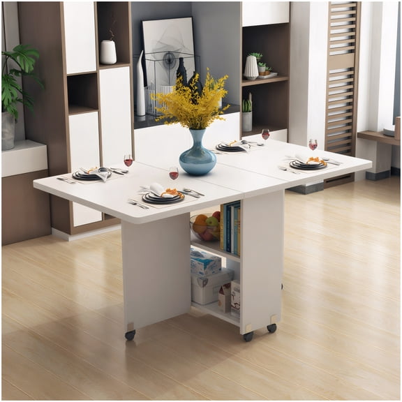 Multi-Functional Folding Table with Storage, White Rollable Drop Leaf Dining Table for Kitchen, Office, and Living Room