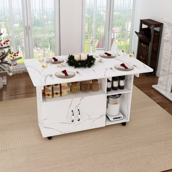 Multi Functional Folding Table with Wheels Storage Shelves 47 Inch White