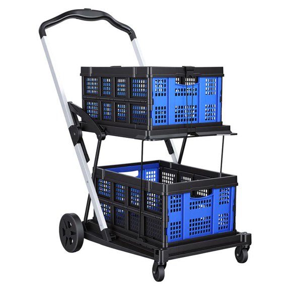 Multi-Functional Folding Trolley with 2 Baskets, 40kg/50kg Load Capacity, 360 Removable Wheels, Space-Saving Cart for Shopping, Office & Library