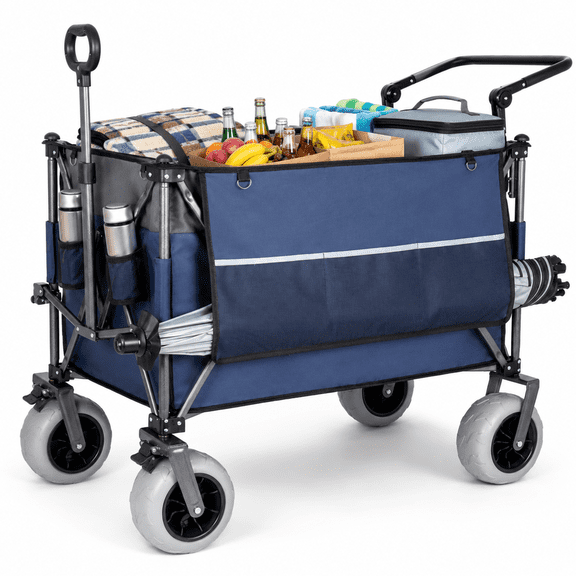 300L XL Folding Wagon Cart with 9"x4" Beach Tires, 480 lbs Heavy Duty Push-Pull Collapsible Utility Wagon with Rotating Handle for Camping, Beach, Groceries, Blue Gray