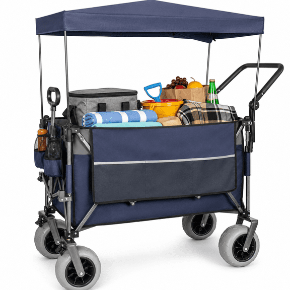 Heavy Duty Folding Wagon Cart with Canopy, 300L Collapsible Utility Wagon with 9"x4" Beach Tires, 480 lbs All Terrain Wagon for Camping, Groceries, Outdoor Use, Blue Gray