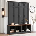thumbnail image 1 of Multi-Functional Hall Tree with 4 Hidden Hanging Hooks, Brown Wood Grain Bench with Multiple Storage Space, Entryway Cabinet with Open Compartments for Living Room, Hallway, Black, 1 of 7