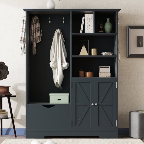 Multi-Functional Hall Tree with Storage Shelves Drawers and Cabinet, Modern Hallway Coat Rack with Bench with Hooks for Hallway Entryways, Antique Blue