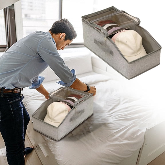 Multi-Functional Hat Storage Box, Large Capacity Foldable Baseball Cap Organizer with Clear Lid, Stackable for Closet or Room, 1-Pack