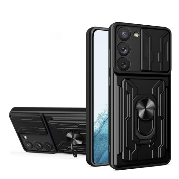 Multi-Functional Heavy Duty Case for Samsung Galaxy S23 Plus, Multi-Layers Rugged PC Soft TPU Hybrid Ring Stand Camera Lens Sliding Cover with Card Slot Holders Magnetic Car Mount Case, Black