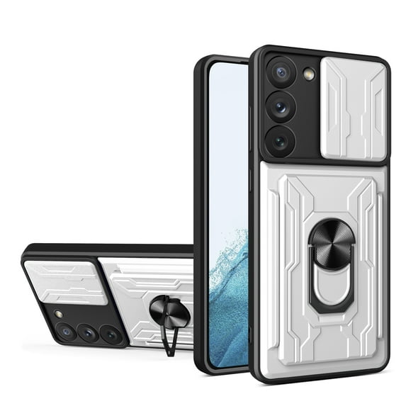 Multi-Functional Heavy Duty Case for Samsung Galaxy S23 Plus, Multi-Layers Rugged PC Soft TPU Hybrid Ring Stand Camera Lens Sliding Cover with Card Slot Holders Magnetic Car Mount Case, White