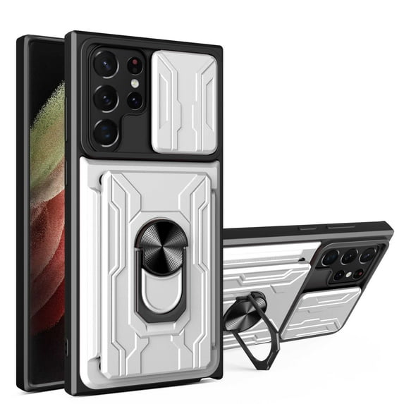 Multi-Functional Heavy Duty Case for Samsung Galaxy S23 Ultra, Multi-Layers Rugged PC Soft TPU Hybrid Ring Stand Camera Lens Sliding Cover with Card Slot Holders Magnetic Car Mount Case,White