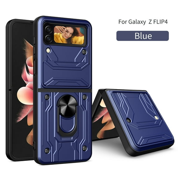 Multi-Functional Heavy Duty Case for Samsung Galaxy Z Flip 4, Multi-Layers Rugged PC Soft TPU Hybrid Ring Stand Camera Lens Sliding Cover with Card Slot Holders Magnetic Car Mount Case, Blue