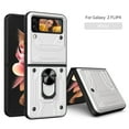 thumbnail image 1 of Multi-Functional Heavy Duty Case for Samsung Galaxy Z Flip 4, Multi-Layers Rugged PC Soft TPU Hybrid Ring Stand Camera Lens Sliding Cover with Card Slot Holders Magnetic Car Mount Case, White, 1 of 10