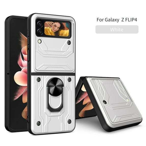 Multi-Functional Heavy Duty Case for Samsung Galaxy Z Flip 4, Multi-Layers Rugged PC Soft TPU Hybrid Ring Stand Camera Lens Sliding Cover with Card Slot Holders Magnetic Car Mount Case, White