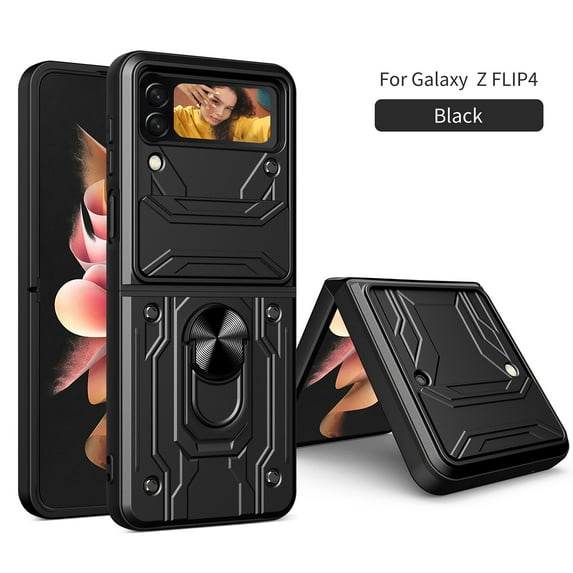 Multi-Functional Heavy Duty Case for Samsung Galaxy Z Flip 4, Multi-Layers Rugged PC Soft TPU Hybrid Ring Stand Camera Lens Sliding Cover with Card Slot Holders Magnetic Car Mount Case, Black