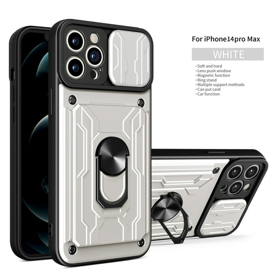 Multi-Functional Heavy Duty Case for iPhone 14 Pro Max, Multi-Layers Rugged PC Soft TPU Hybrid Ring Stand Camera Lens Sliding Cover with Card Slot Holders Magnetic Car Mount Case,White