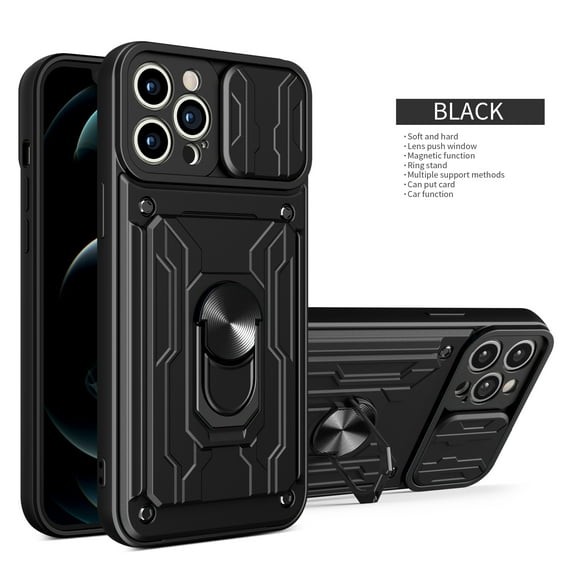 Multi-Functional Heavy Duty Case for iPhone 15 Pro Max Ring Stand Camera Lens Sliding Cover, Rugged PC Soft TPU Hybrid Shockproof Case with Card Slot Holders Magnetic Car Mount, Black