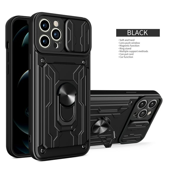 Multi-Functional Heavy Duty Case for iPhone 15 Pro Max Ring Stand Camera Lens Sliding Cover, Rugged PC Soft TPU Hybrid Shockproof Case with Card Slot Holders Magnetic Car Mount, Black