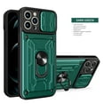 thumbnail image 1 of Multi-Functional Heavy Duty Case for iPhone 15 Pro Max Ring Stand Camera Lens Sliding Cover, Rugged PC Soft TPU Hybrid Shockproof Case with Card Slot Holders Magnetic Car Mount, Green, 1 of 9