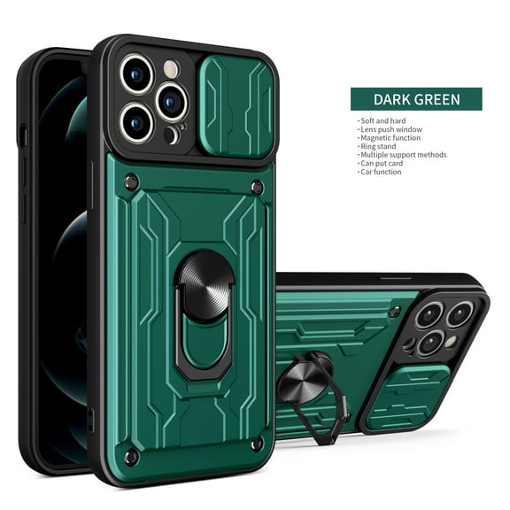 Multi-Functional Heavy Duty Case for iPhone 15 Pro Max Ring Stand Camera Lens Sliding Cover, Rugged PC Soft TPU Hybrid Shockproof Case with Card Slot Holders Magnetic Car Mount, Green