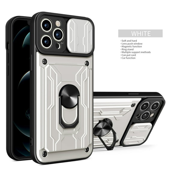 Multi-Functional Heavy Duty Case for iPhone 15 Pro Max Ring Stand Camera Lens Sliding Cover, Rugged PC Soft TPU Hybrid Shockproof Case with Card Slot Holders Magnetic Car Mount, White