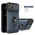 thumbnail image 1 of Multi-Functional Heavy Duty Case for iPhone 15 Pro Ring Stand Camera Lens Sliding Cover, Rugged PC Soft TPU Hybrid Shockproof Case with Card Slot Holders Magnetic Car Mount, Gray, 1 of 13