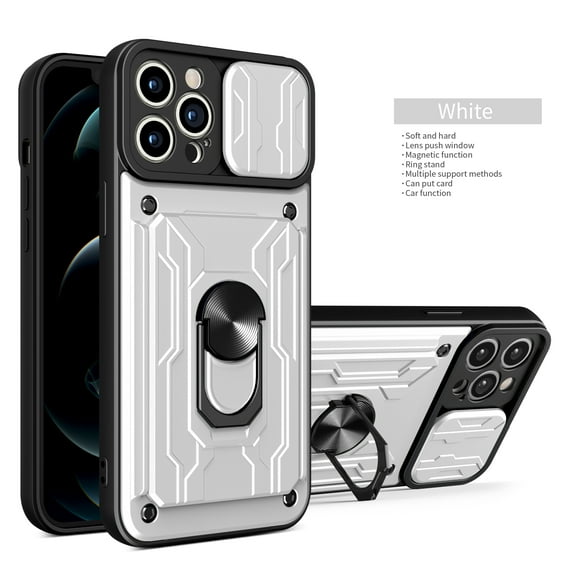 Multi-Functional Heavy Duty Case for iPhone 15 Pro Ring Stand Camera Lens Sliding Cover, Rugged PC Soft TPU Hybrid Shockproof Case with Card Slot Holders Magnetic Car Mount, White