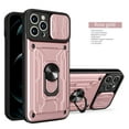 thumbnail image 1 of Multi-Functional Heavy Duty Case for iPhone 15 Pro Ring Stand Camera Lens Sliding Cover, Rugged PC Soft TPU Hybrid Shockproof Case with Card Slot Holders Magnetic Car Mount, Rosegold, 1 of 13