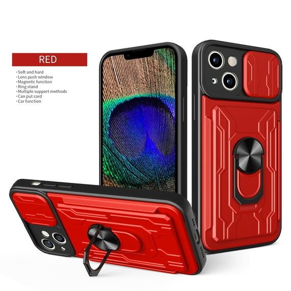 Multi-Functional Heavy Duty Case for iPhone 15 Ring Stand Camera Lens Sliding Cover, Rugged PC Soft TPU Hybrid Shockproof Case with Card Slot Holders Magnetic Car Mount, Red