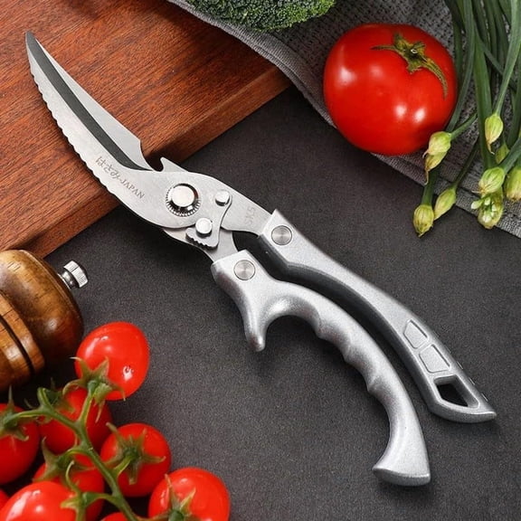 Multi-Functional Heavy-Duty Kitchen Scissors  Snip, Cut, Crush for Chicken, Fish, Meat, Seafood, Easy to Clean, Multi-Purpose Kitchen Scissors for Food with Non-Slip Handle (Silver)