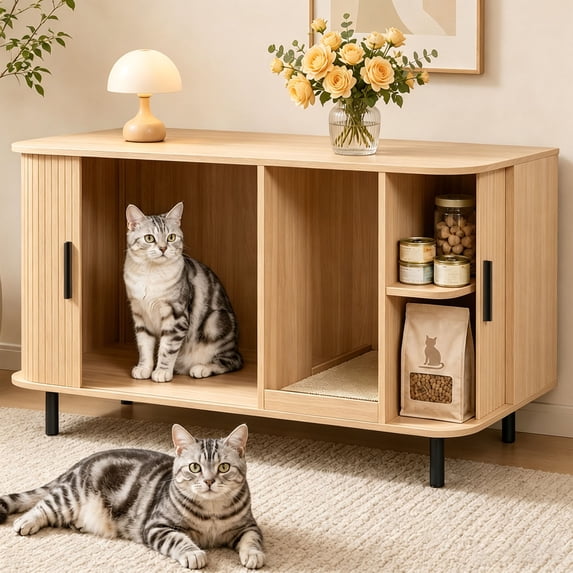 Multi-Functional Hidden Cat Litter Box Enclosure Furniture, Akaber Cat Washroom with Cat Scratch Pad, Tambour Sliding Door, Indoor Cat House for Living Room, Natural