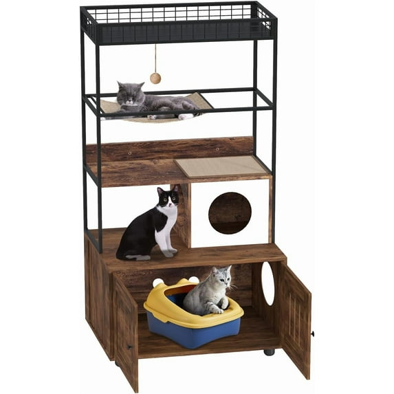Multi-Functional Hidden Cat Litter Box Furniture, 2-In-1 Enclosure with Play Zone, Storage Shelves & 150 Lb Capacity