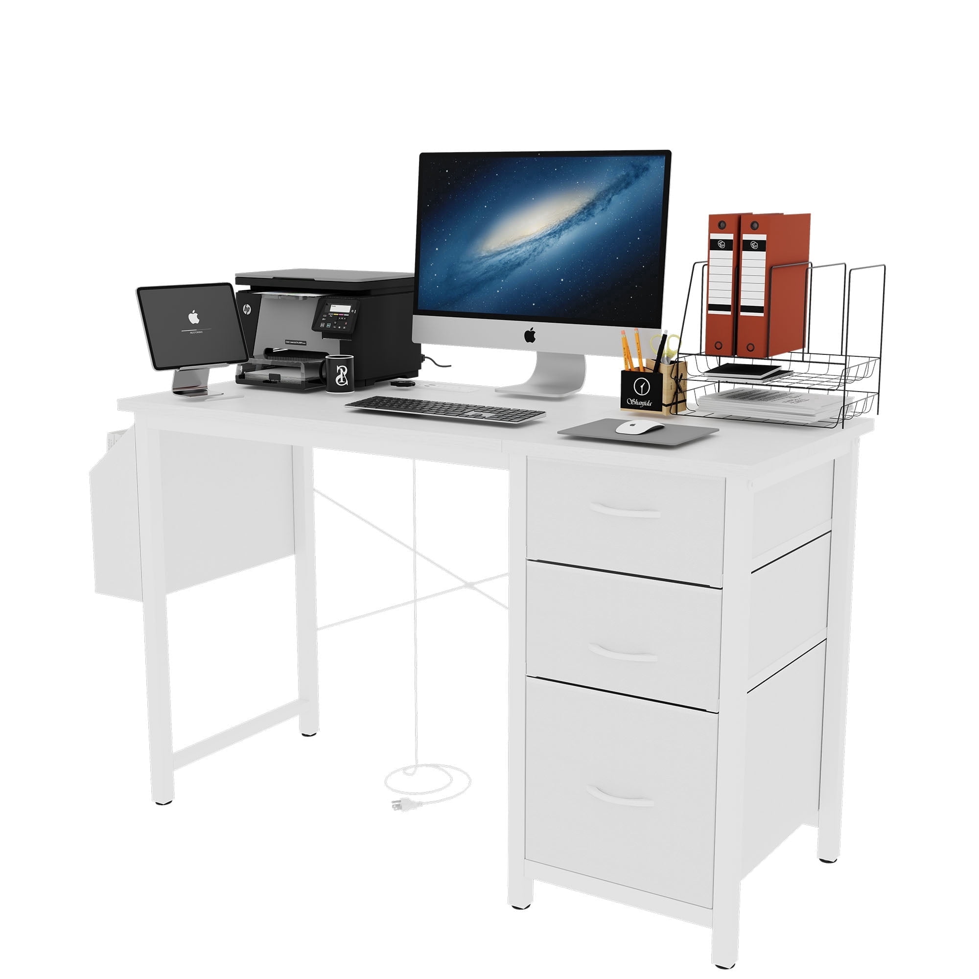 Multi-Functional Hidden Power Outlet Fabric Drawers & Side Pocket Adjustable & Reversible White Modern Executive Desk Home & Office Storage Solution(Chairs not included)