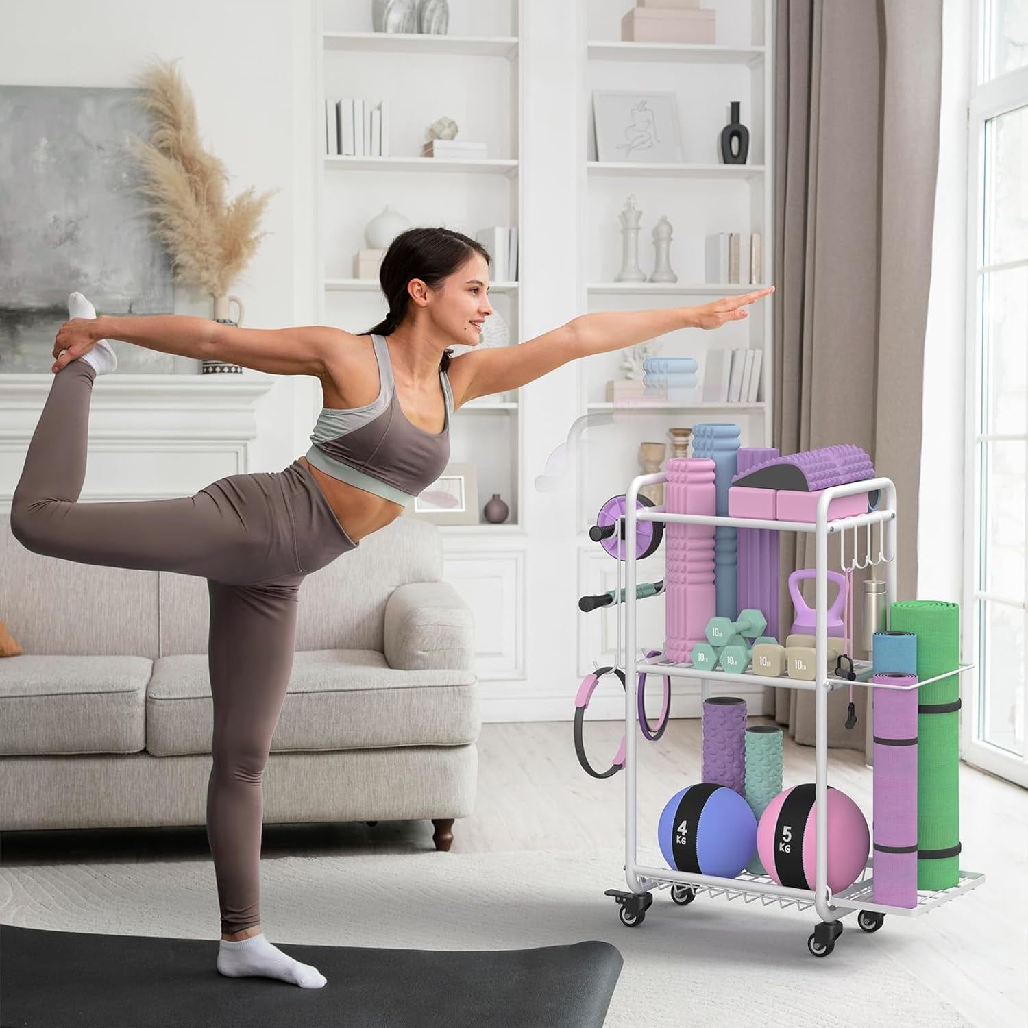 Multi-Functional Home Gym Storage Rack for Yoga Mat, Dumbbell and Workout Equipment with Heavy-Duty Steel Construction