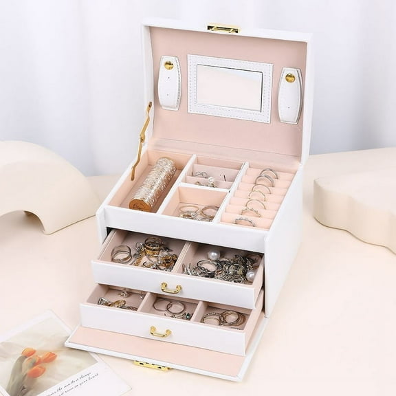 Multi-Functional Jewelry Holder Organizer for Women Large Capacity Lockable 3-Layer with Drawers Display Rack Style Jewelry Box Storage Earrings Necklace Ring Travel Storage Tray