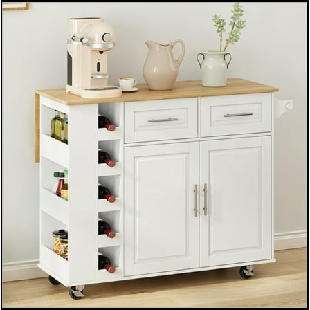 Multi-Functional Kitchen Island Cart with 2 Door Cabinet and Two Drawers,Spice Rack, Towel Holder, Wine Rack, and Foldable Rubberwood Table Top
