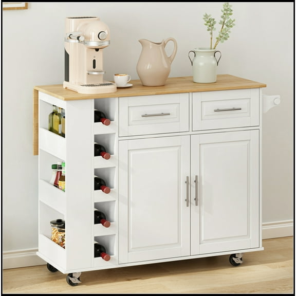Multi-Functional Kitchen Island Cart with 2 Door Cabinet and Two Drawers,Spice Rack, Towel Holder, Wine Rack, and Foldable Rubberwood Table Top
