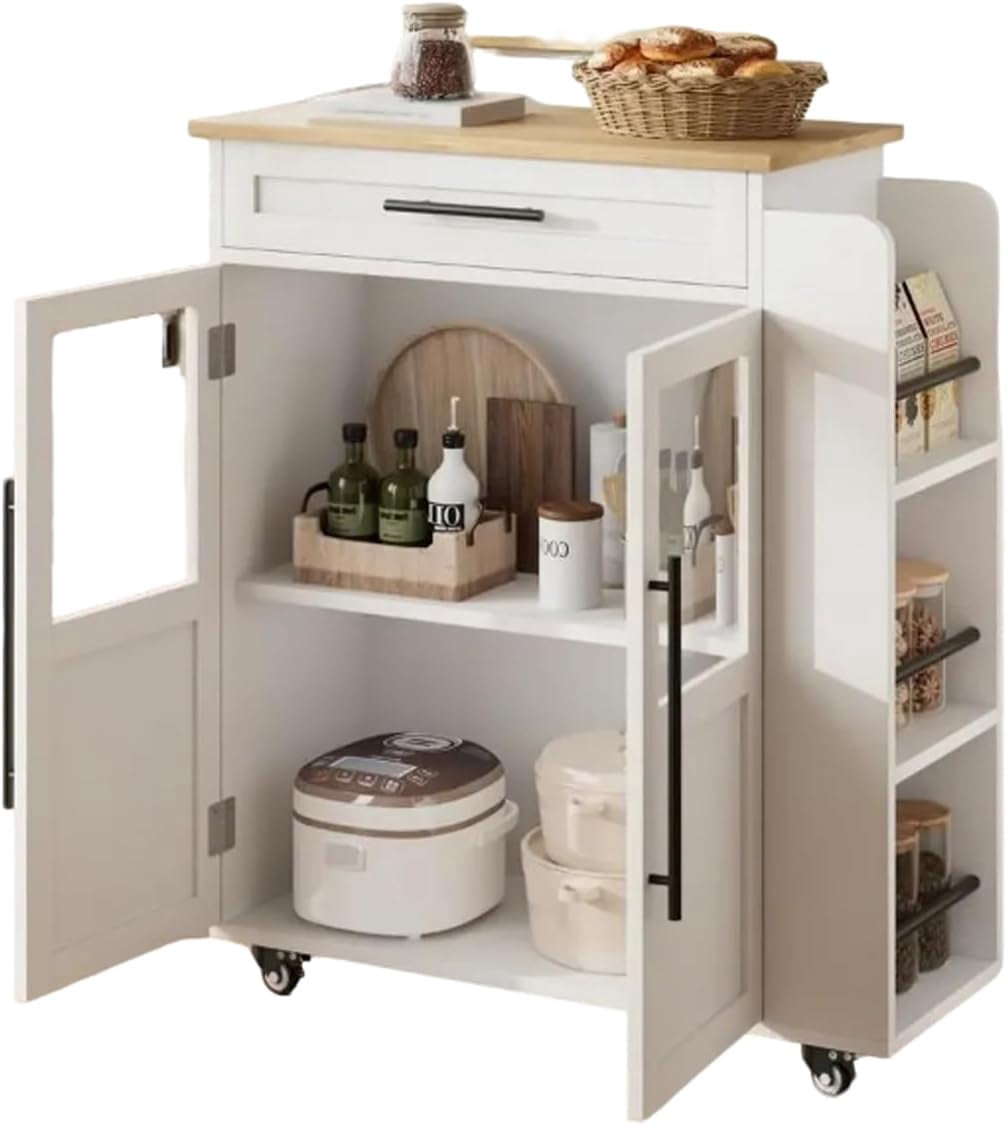 Multi-Functional Kitchen Island Cart with 2 Glass-Door Cabinets, Drawer, Spice Rack, and Towel Bar on Wheels