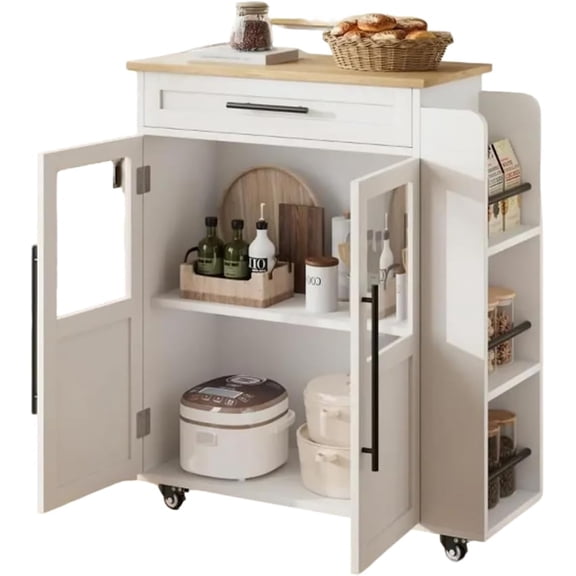 Multi-Functional Kitchen Island Cart with 2 Glass-Door Cabinets, Drawer, Spice Rack, and Towel Bar on Wheels