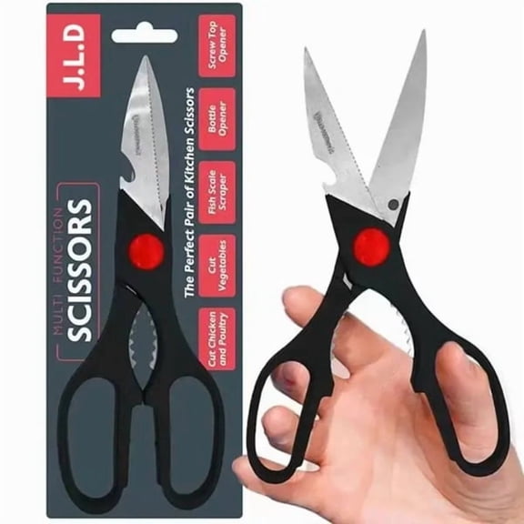 Multi-Functional Kitchen Scissors - Stainless Steel Blade, Ergonomic Grip - Cuts Meat, Veggies, Opens Bottles/Nuts, Dishwasher Safe