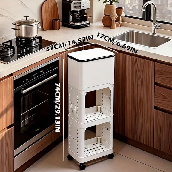 Multi-Functional Kitchen Storage Cart with Lidded Trash Can, 3-Tier Rolling Organizer Rack with Hooks, Mobile Floor-Standing Cabinet for Bathroom/Laundry, Includes 20 Trash Bags