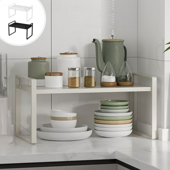 Multi-Functional Kitchen Storage Rack | Metal Countertop Organizer | Stackable Cabinet Shelf | Sturdy Alloy | Double-Layer Coating | 12.2"x8.3"x7" | Black or White | 1-Pack