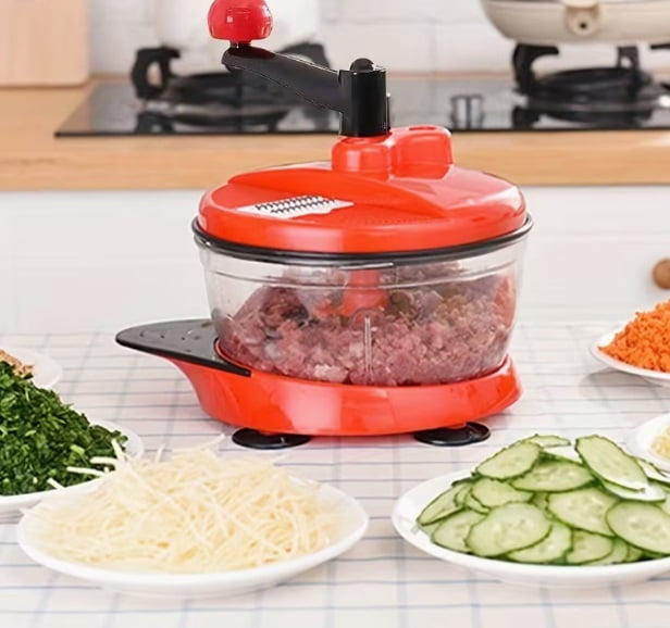Multi-Functional Manual Food Processor - Vegetable Chopper, Garlic Press, Hand Crank Mixer with Transparent Container for Vegetables, Meat, Fruits, Nuts, Herbs, and Green Onions (Includes Base)