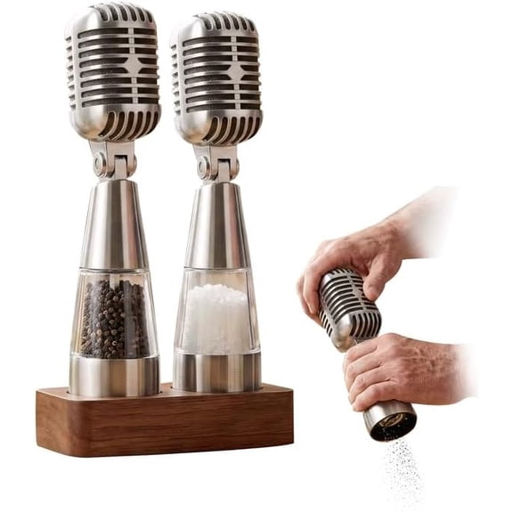 Multi-Functional Microphone Seasoning Grinder Set, Retro Salt and Pepper Shaker with Base, Novelty Kitchen Decor Gift for Music Lovers (1 Set)