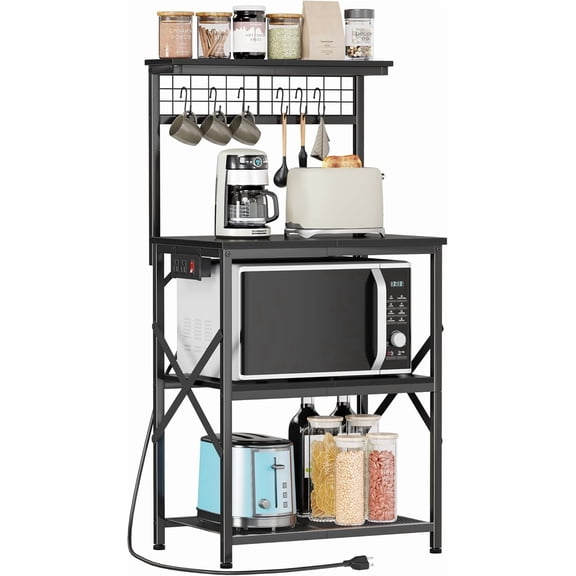 Multi-Functional Microwave Stand with Power Outlet – 3-Tier Metal Kitchen Baker Rack with Wooden Shelves, Utensil Hooks, and Storage Organizer for Countertop Appliances and Pantry Items,Black,22inch