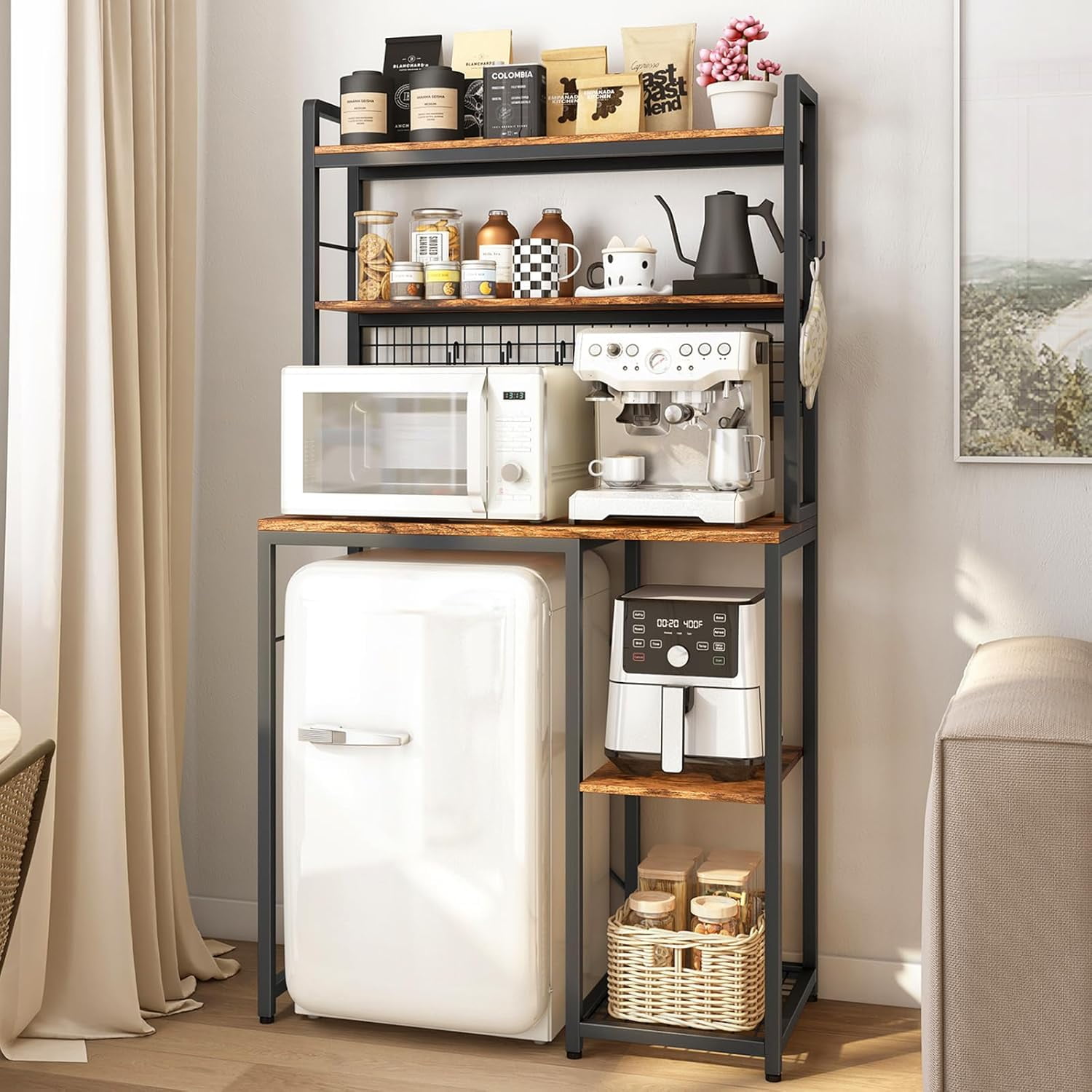 Multi-Functional Mini Fridge Stand with Wheels, Wooden Mini Fridge & Microwave Storage Shelves, Large Bakers Rack and Storage for Kitchen Appliances, Perfect for Dorm Kitchen Coffee Bar