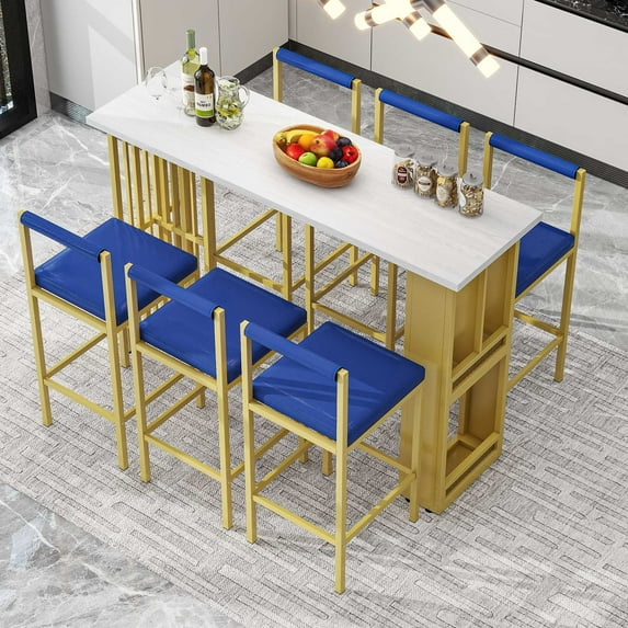 Multi-Functional Modern Counter Height Dining Bar Table Set with Open Shelves and 6 Upholstered Stools, 7 Piece Dining Room Table Set for Kitchen Small Places(Blue)