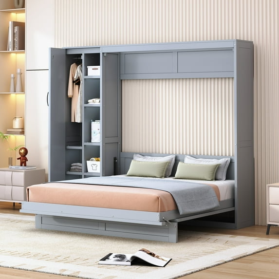 Multi-Functional Murphy Cabinet Bed, Queen Size Bed Frame Murphy Bed Chest with Shelves, Wardrobe&LED Lights, Queen Foldable Platform Bed, Gray