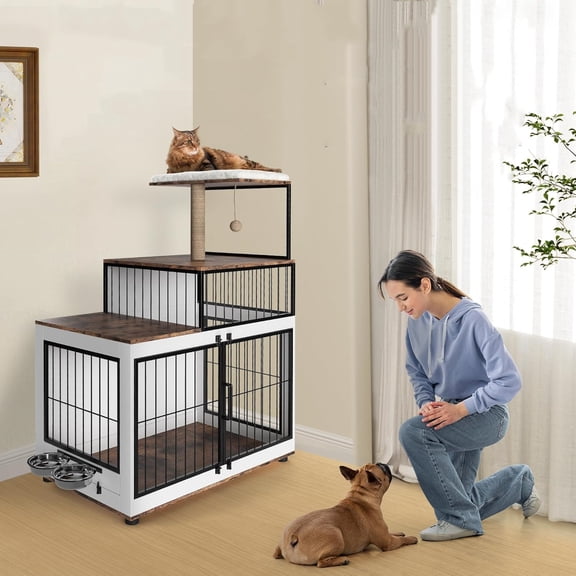 Multi-Functional Pet Kennel with Cat Scratching Post & Rotating Bowl | 2-in-1 Wooden Furniture for Multi-Pet Homes