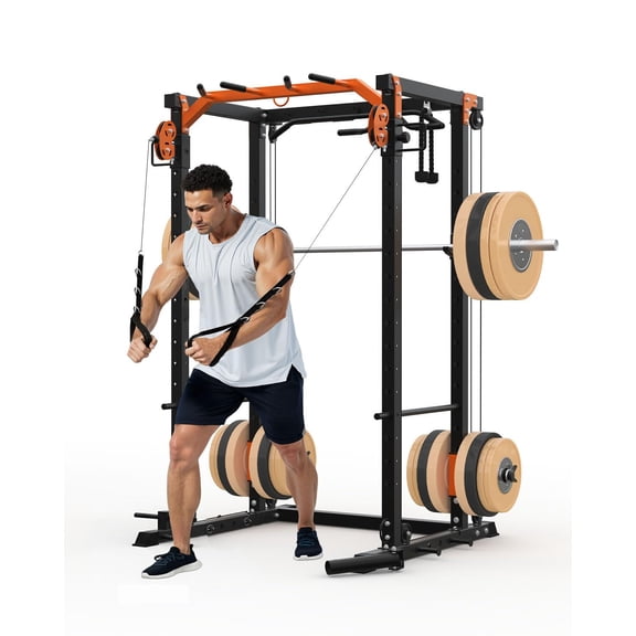 Multi-Functional Power Cage, 2000LB Capacity Squat Rack with Pull-Up Bar and Landmine Attachment for Home Gym, Red/Black or Orange/Black