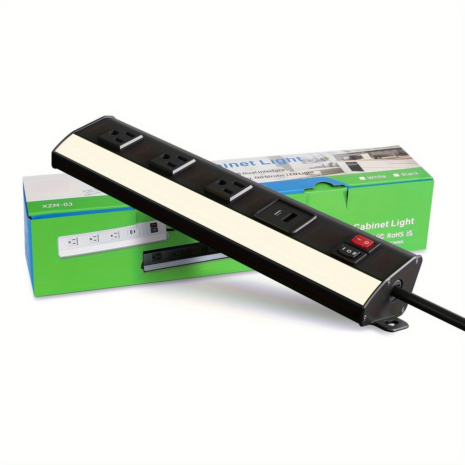 Multi-Functional Power Strip with Under Cabinet Lights Bar, 3 AC Outlets & 2 USB Ports Support USB/Type-C Fast Charging, Aluminum Shell & 2 CCT 3000K/6000K, Under Tool Cabinet Lights